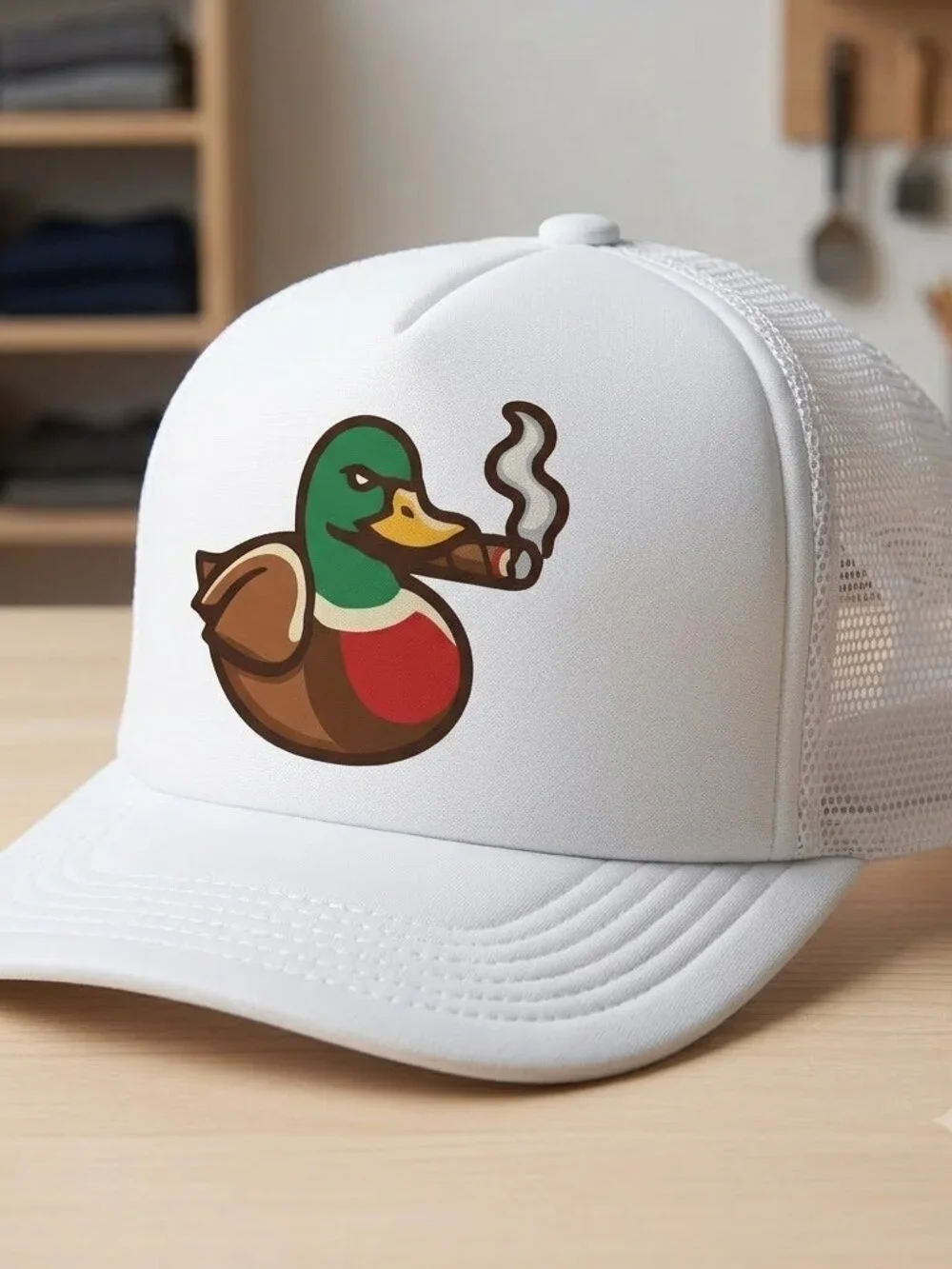 Retro Smoking Cigar Duck Foam Trucker Hat All White Mesh Snapback Cap New Huntin